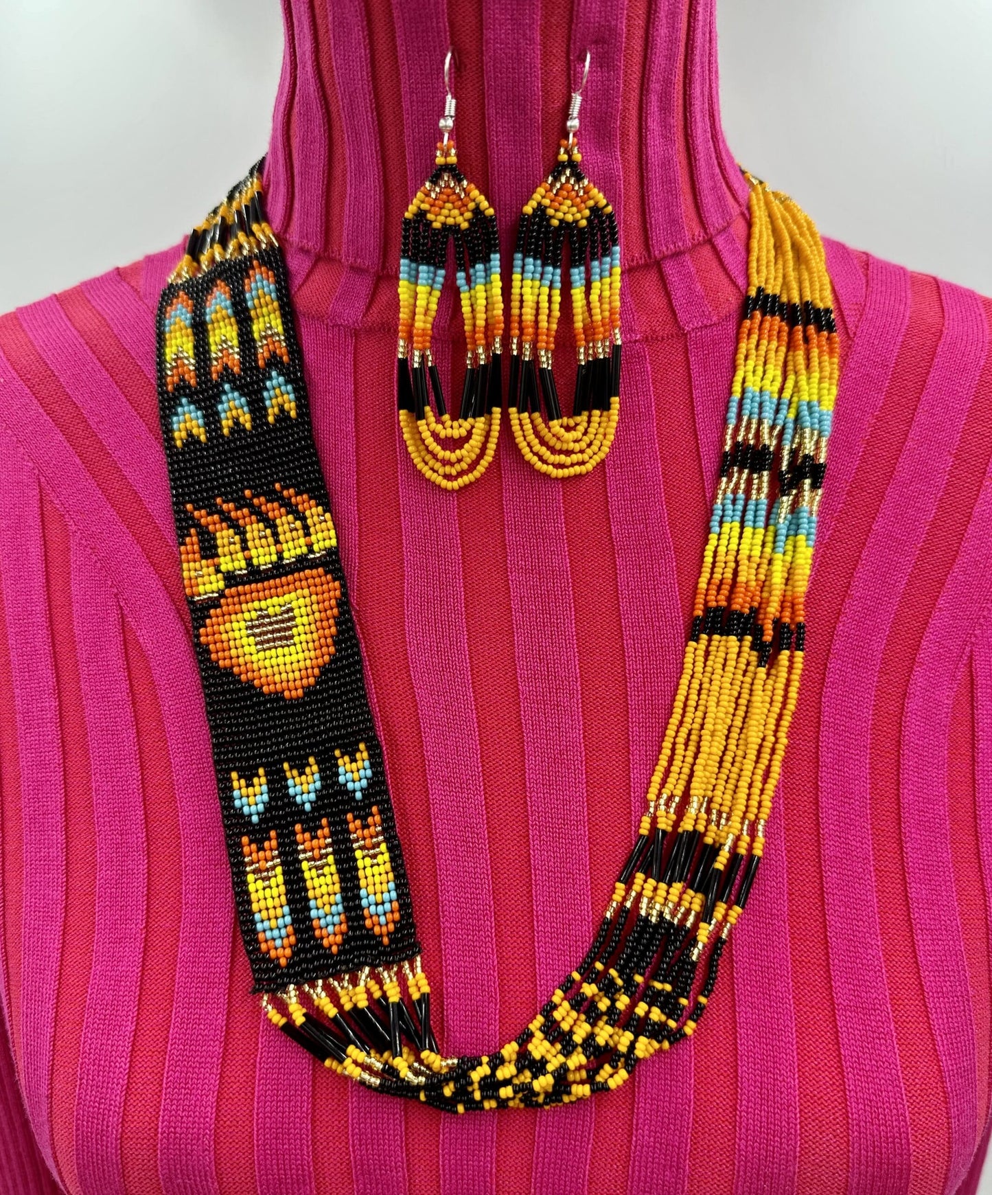Black Fire Seed Beaded Necklace Earrings Bear Paw Beadwork