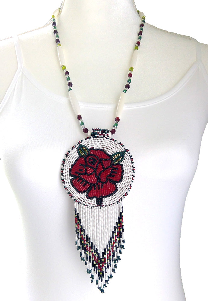 Red Rose Beadwork Long Medallion Handmade Beaded Necklace Earrings Set