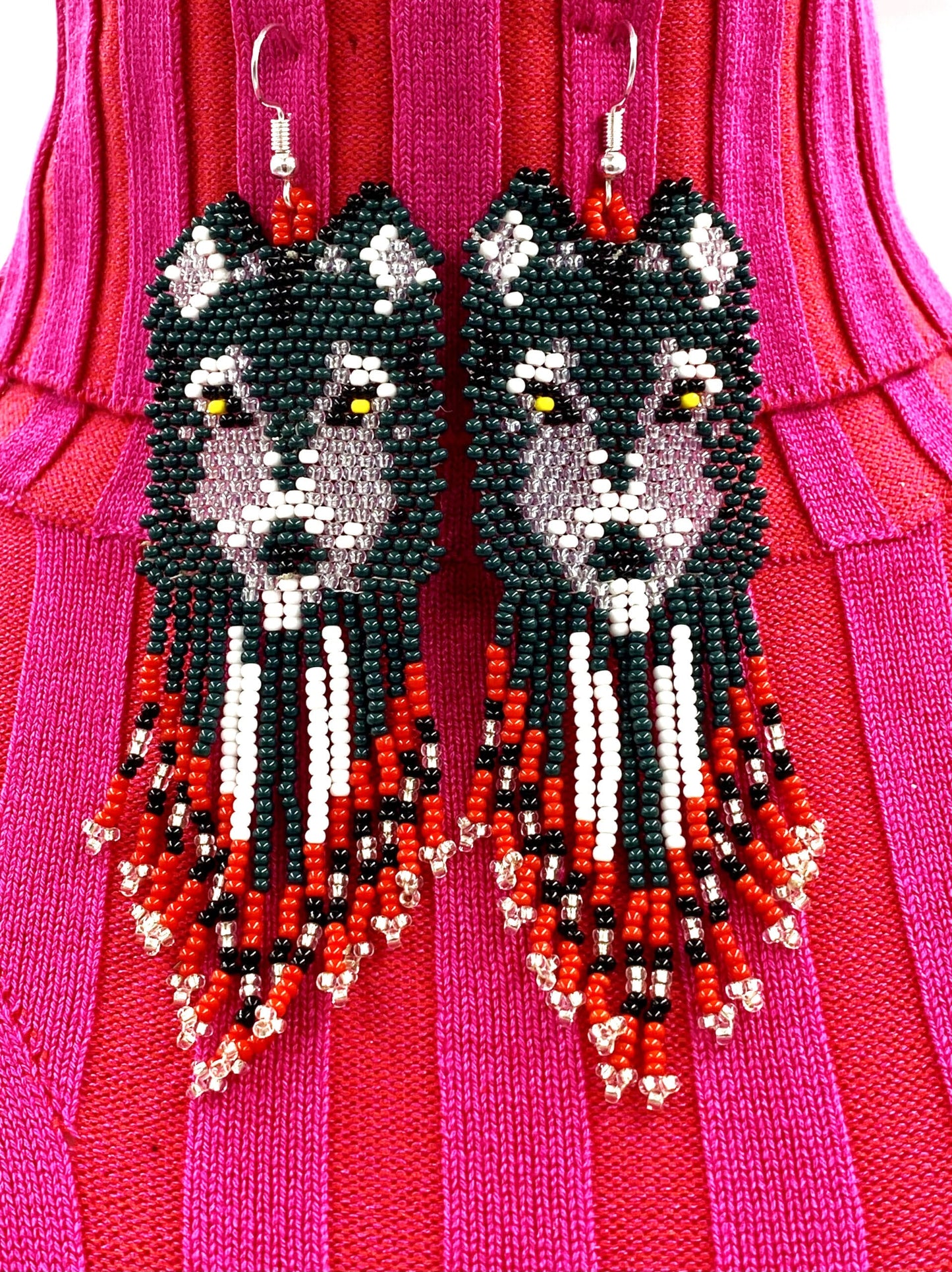 Handmade Beaded Green Wolf Seed Bead Big Earrings