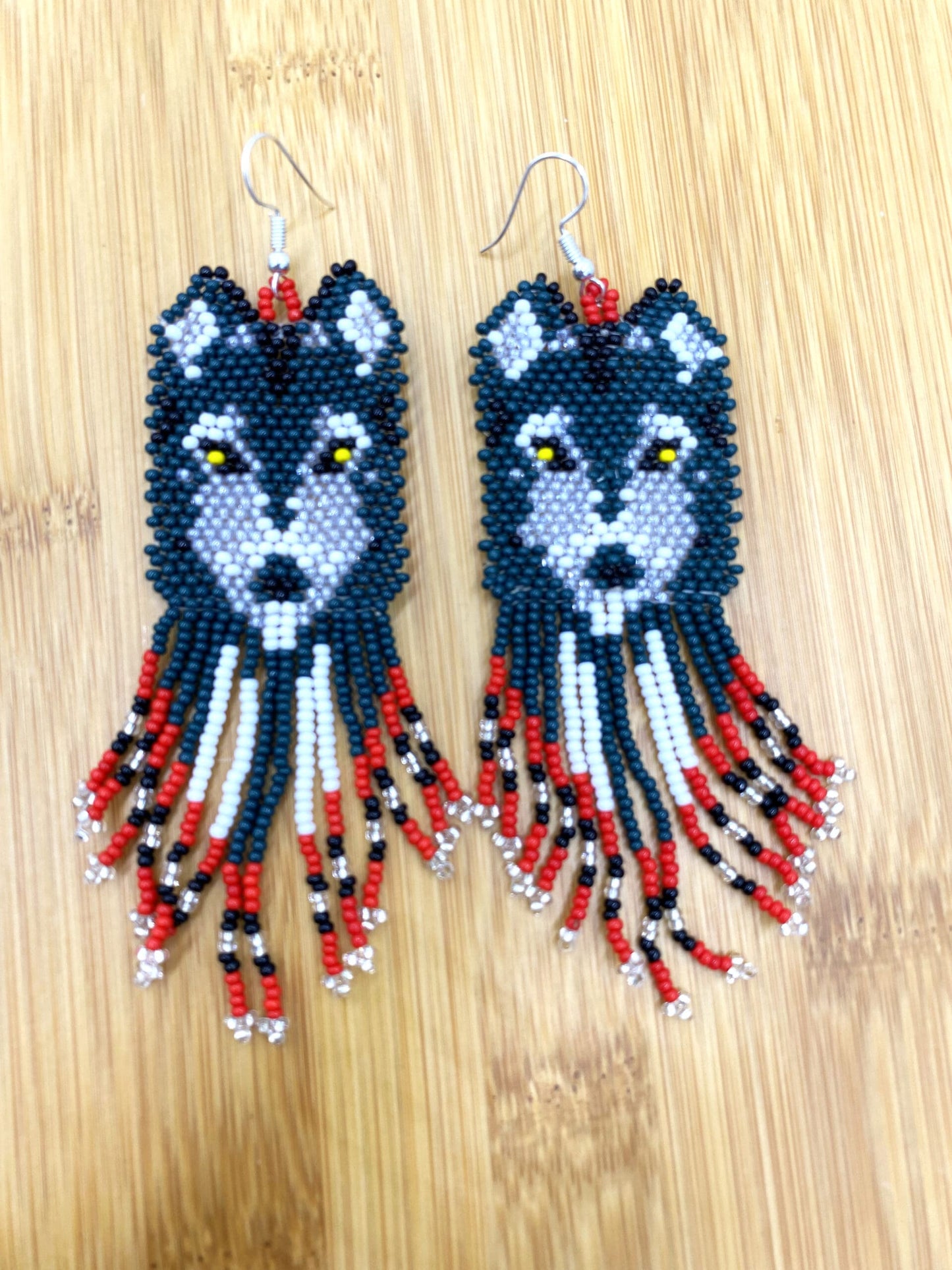 Handmade Beaded Green Wolf Seed Bead Big Earrings