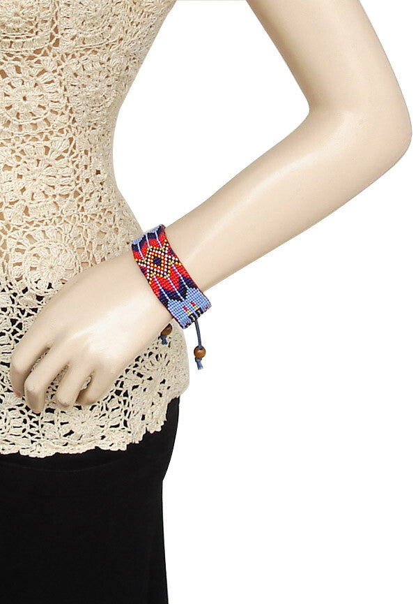 Handmade Blue and Red Seed Beaded Leather Soft Cuff Adjustable Bracelet - Boho-Chic Style Statement
