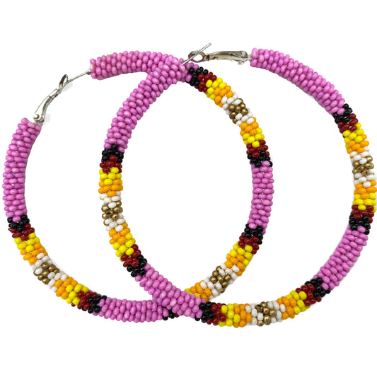 Handmade Native Style 3 Inch Hoop Earrings with Czech Seed Beads - Pink