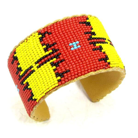 Handmade Yellow Red Seed Beaded Cuff Bracelet - Unisex Adjustable 1.5 inch Wide - Czech Beads - Suede Leather Back