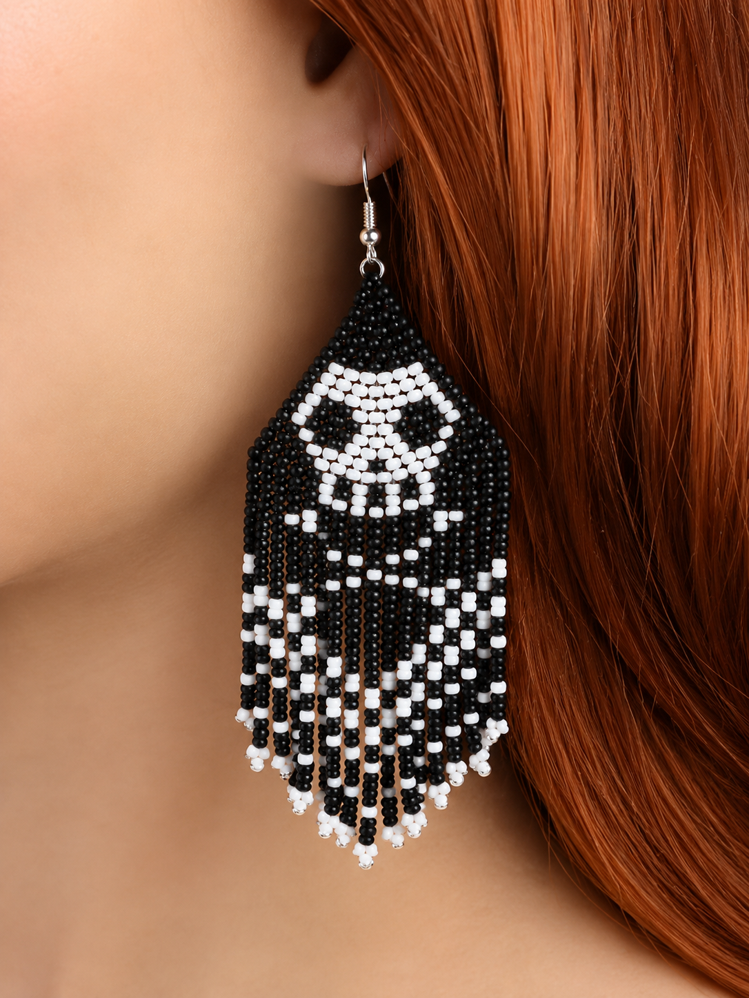 Handmade Skull Beaded Fringe Earrings – Czech Seed Beads 11/0 – Black & White Statement Earrings – 4 Inch Long – 15g – BeadsCorner