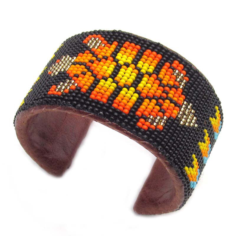 Black Fire Turtle Pattern Seed Beaded Bracelet with Wide Leather Cuff