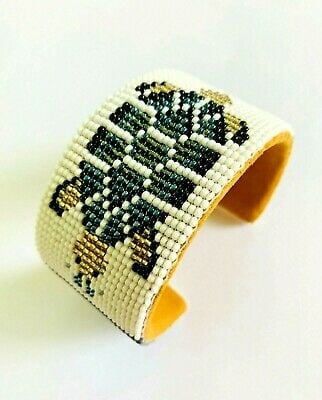 NATIVE STYLE HANDMADE GRAY WHITE TURTLE BEADED CUFF LEATHER BRACELET
