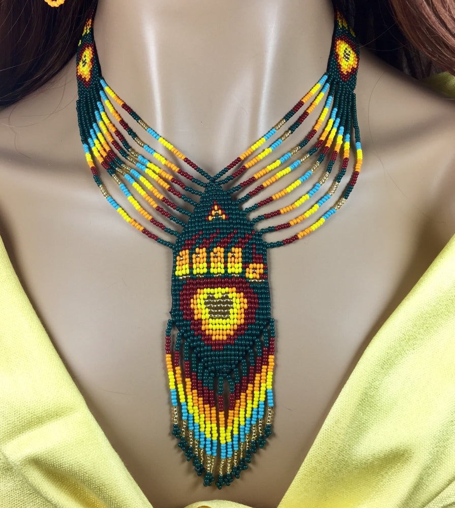 Ethnic Handmade Bear Paw Pattern Green Necklace Earrings Set | Glass Czech Beads | 16-20 inch Length