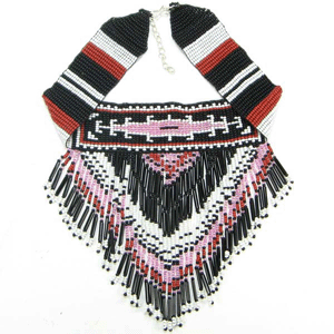 Black Pink Seed Beaded Bib Necklace Earrings Set