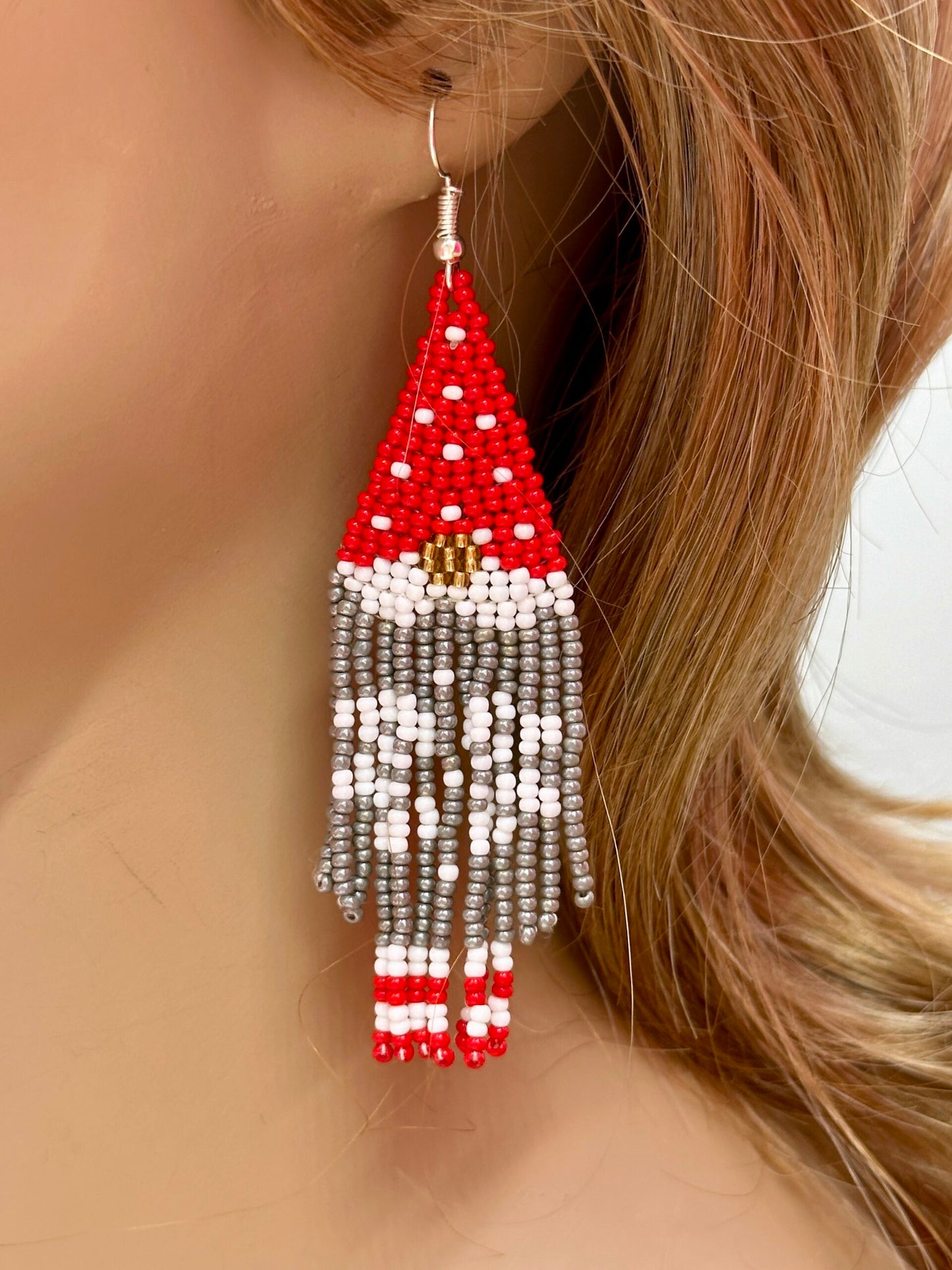 Handmade beaded Grey Red drop/dangle hook earrings