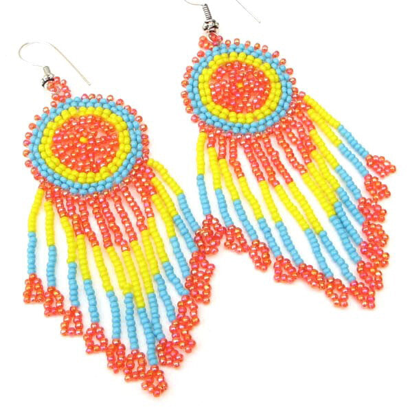 Handmade Beaded Orange Medallion Seed Bead Big Earrings