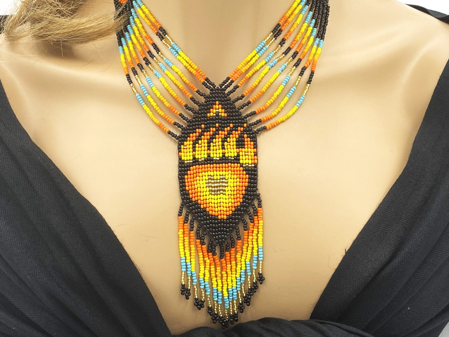Fiery Orange Black Bear Paw Beaded Necklace and Earrings Set