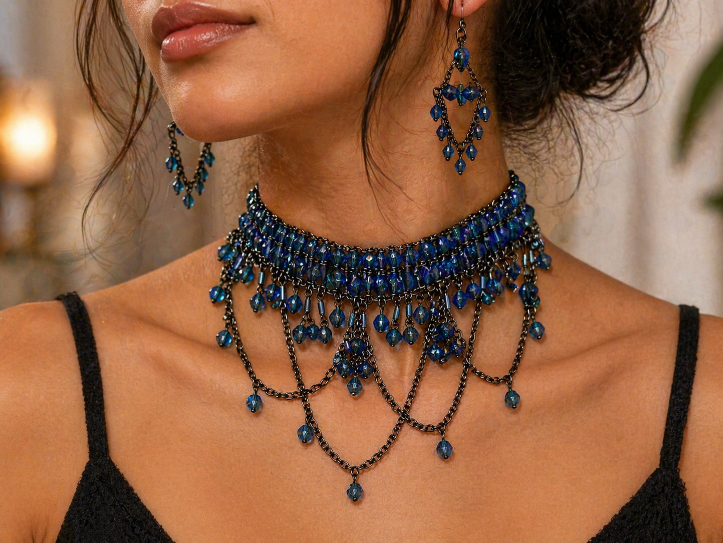 Bohemian Beaded Fringe Choker Set – 3-in-1 Bundle (Purple, Blue & Green) | Statement Necklace & Earrings Set