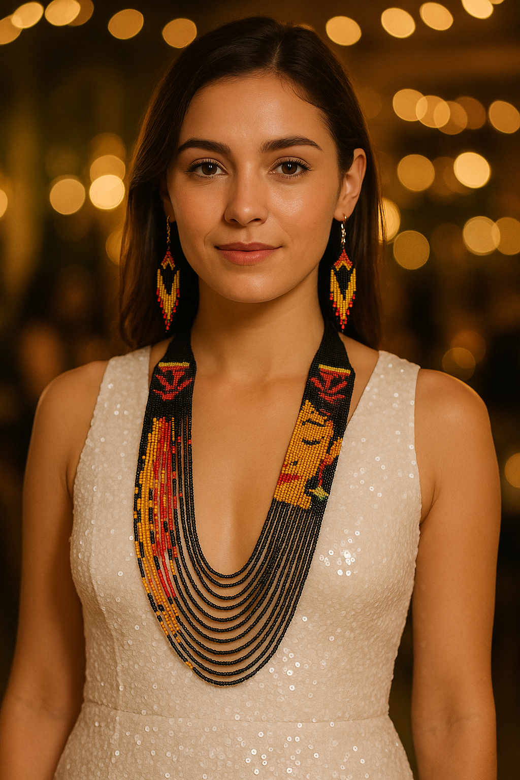 Handmade Beaded Necklace, Earrings Set – Orange Black Frida inspired