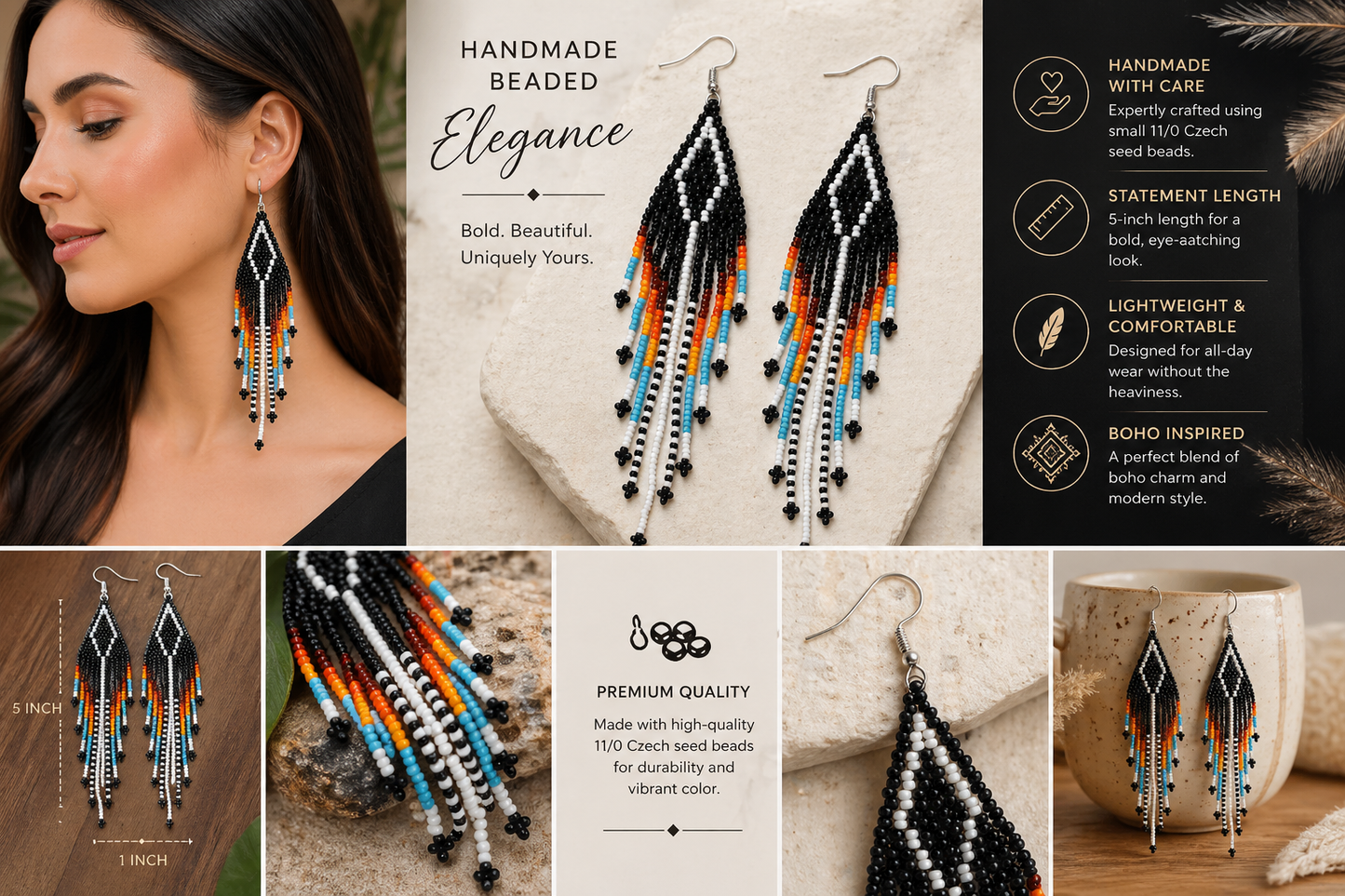 Handmade Beaded Native Style Black Multi-Color Hook Earrings
