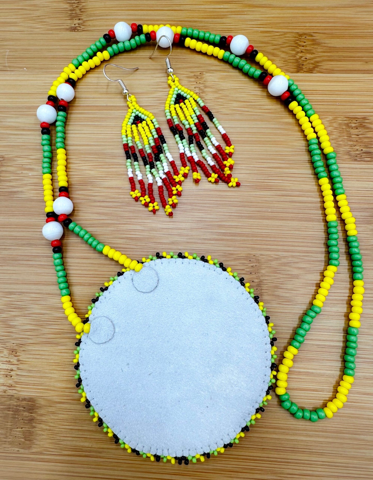 Handmade beaded Yellow Flower Medallion necklace earrings set