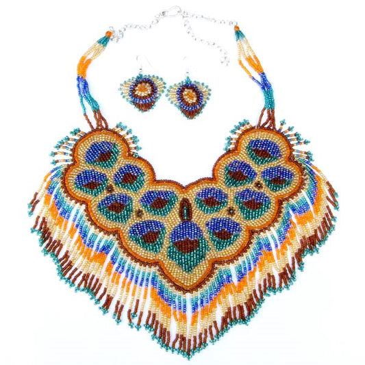 Handmade Peacock Feather Pattern Bib Necklace Earrings Set