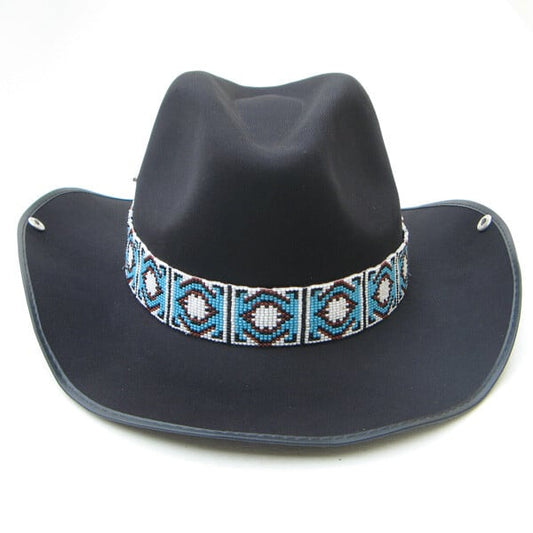 Blue Brown White Seed Beaded Cowboy Hat Band Medicine man's Eye Beadwork