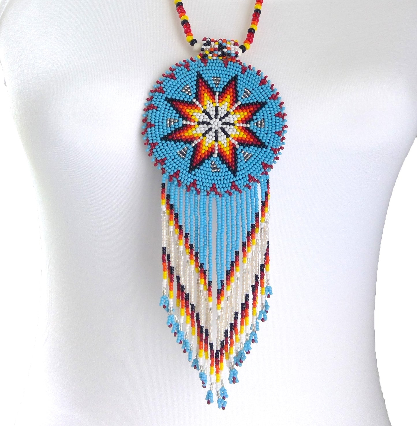 Turquoise Blue Seed Bead Long Star Medallion Beaded Necklace Earrings