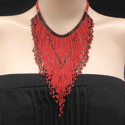 Handmade Beaded Red Seed Bead Bib Necklace