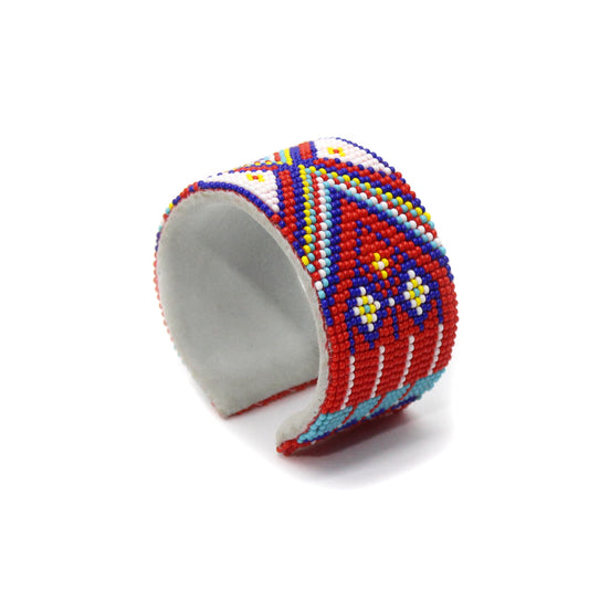Handmade Beaded Red Multi-colored Leather Hard Cuff Bracelet - Geometric Design, Adjustable