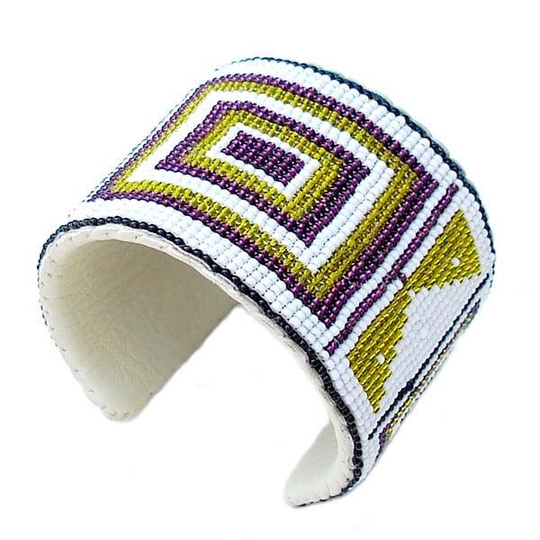 Handmade White Green Purple Beaded Bracelet with Suede Back - Adjustable Length and Bold Width