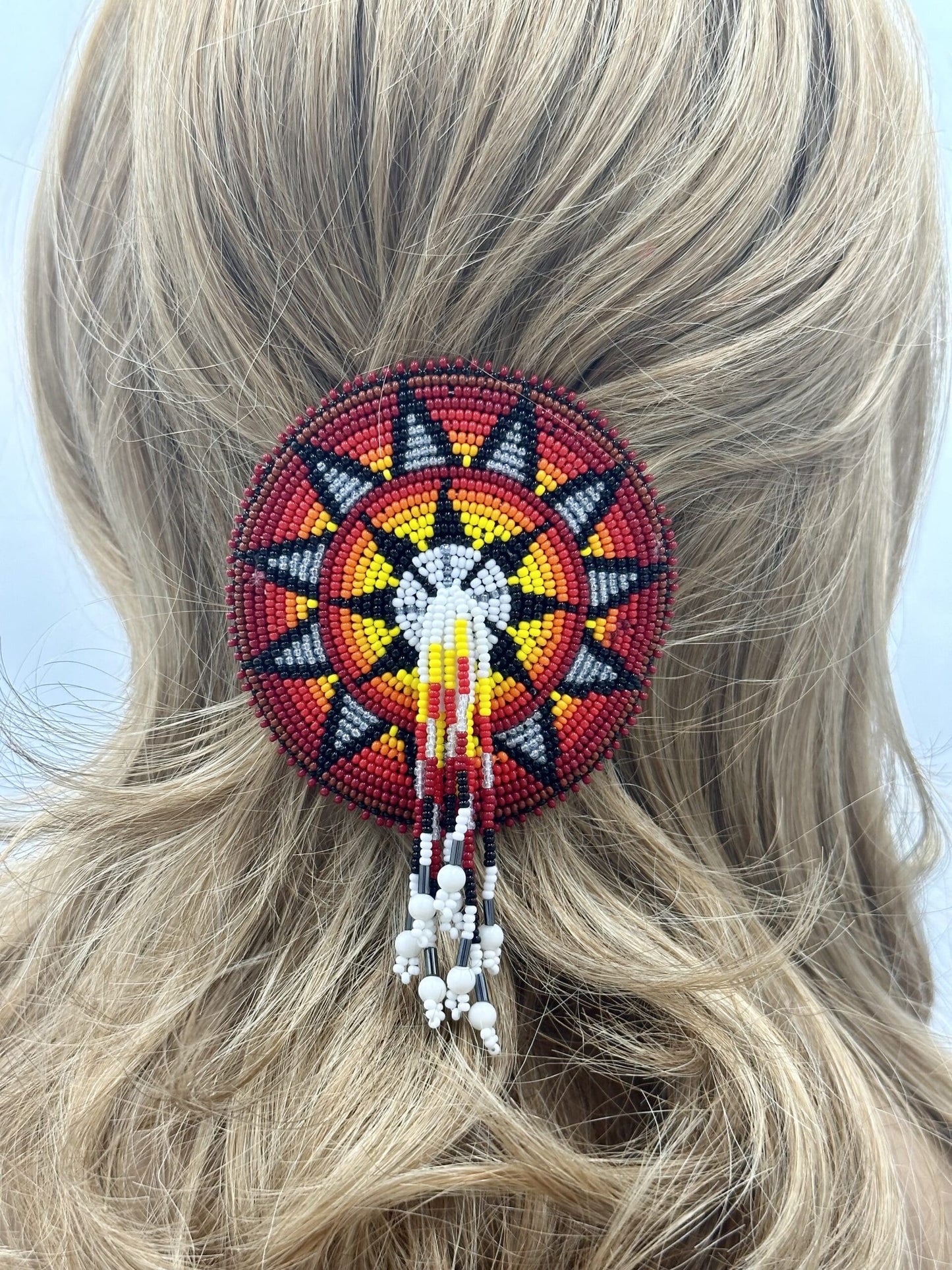 Handcrafted Flower Pattern Red Black French Barette with Czech Beads and Suede Leather, 4.5 inch Diameter