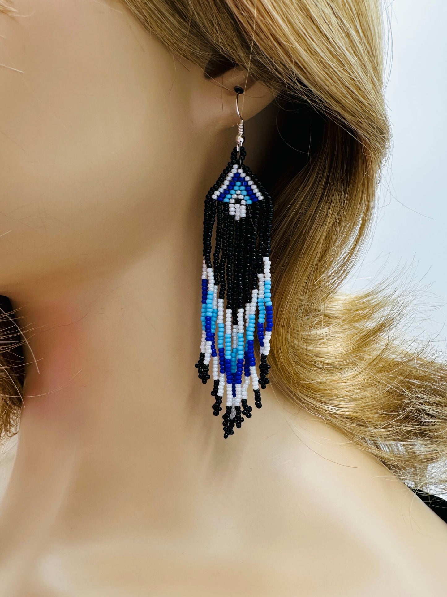 Handmade beaded Black Cyan Blue drop/dangle Hook Earrings.