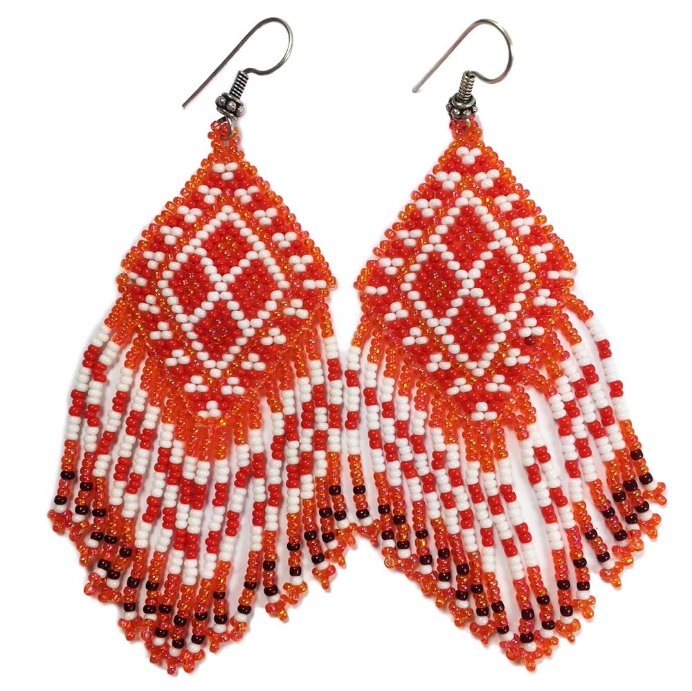 Orange White Red Seed Beaded Beadwork Earrings