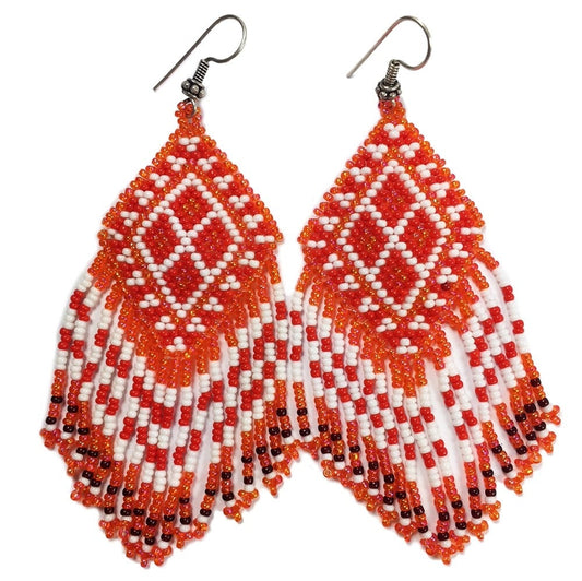 Orange White Red Seed Beaded Beadwork Earrings