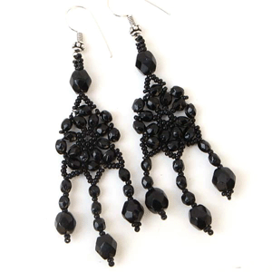 Handmade Victorian Style Black Glass Beads Necklace Earrings Set