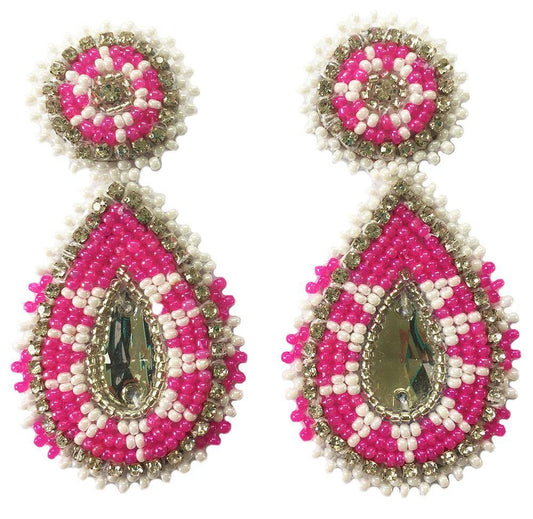 Handmade Beaded Teardrop Shape Post Earrings with Czech Seed Beads - 3 Inches Long, 1.5 Inch Wide - Pink White