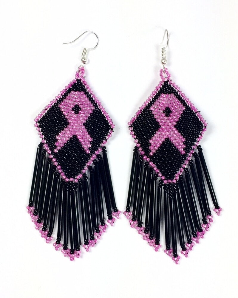 Handmade Beaded Black Pink Ribbon Breast Cancer Awareness Earrings