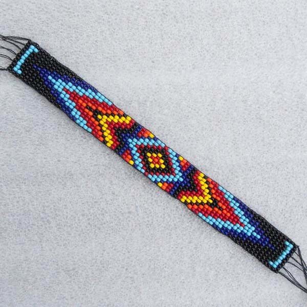 Handmade Multi Color Diamond Geometric Pattern Southwestern Seed Bead Bracelet Hard Cuff Leather