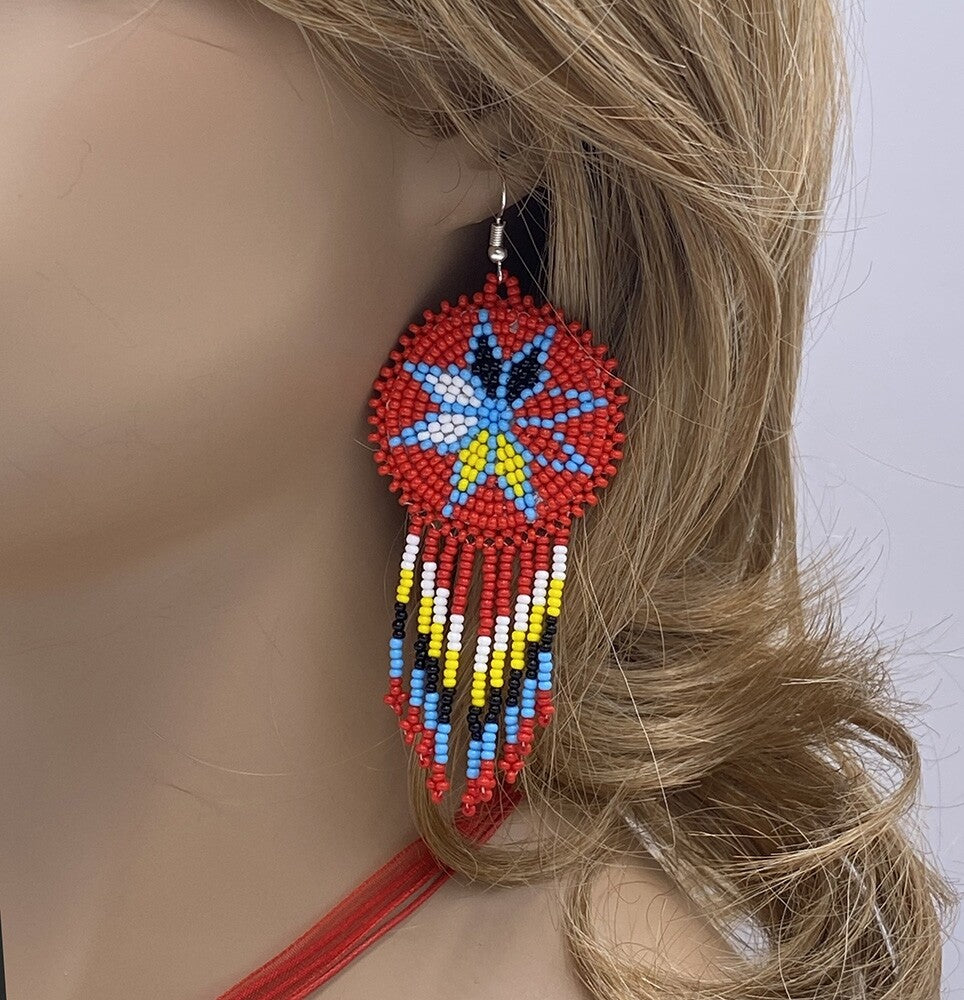 Handmade Beaded Red Rosette 4 Directions Pattern Pendant Necklace Earrings Set - Adjustable Length Organza Cord, Leather Back