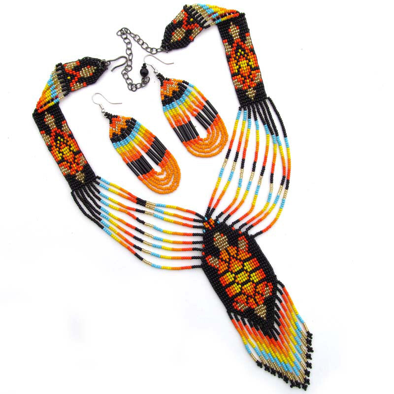 Fiery Orange Black Turtle Beaded Necklace and Earrings Set