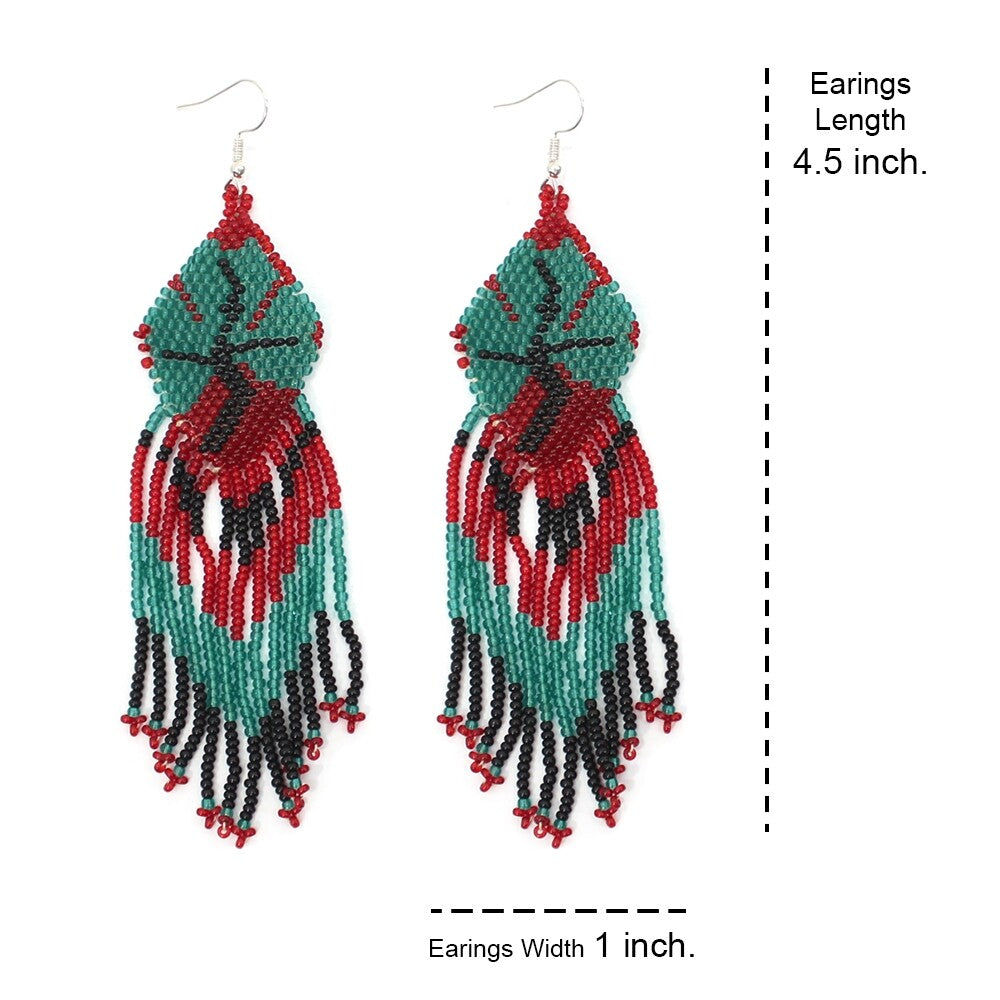 Vibrant Red and Blue Beaded Fringe Earrings