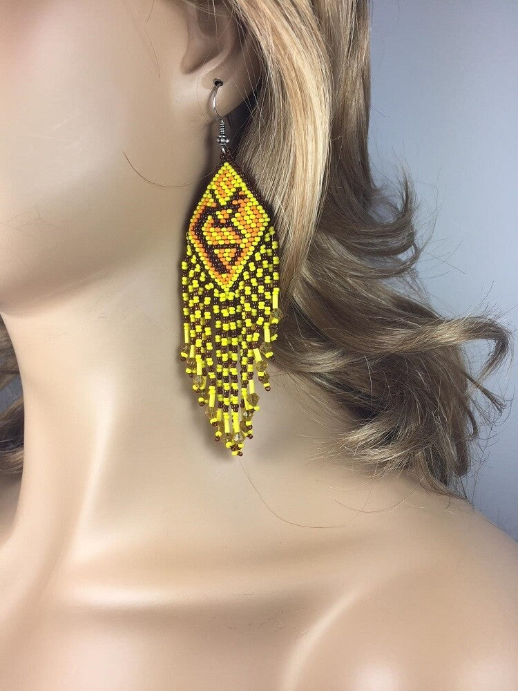 Handmade Beaded Yellow Seed Bead Kokopelli Earrings
