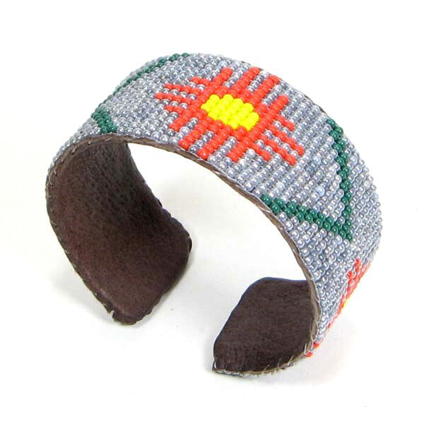 Handmade Seed Beaded Grey Leather Hard Cuff Bracelet