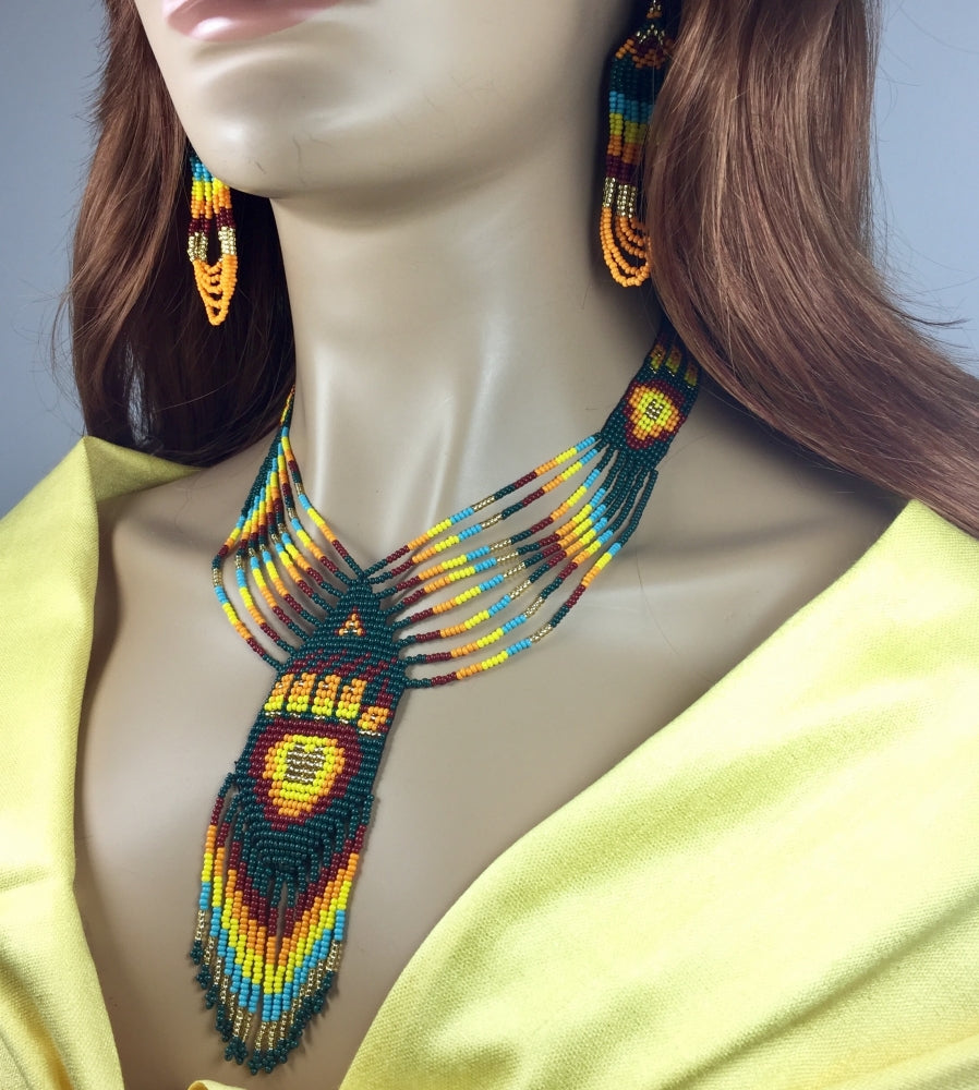 Ethnic Handmade Bear Paw Pattern Green Necklace Earrings Set | Glass Czech Beads | 16-20 inch Length