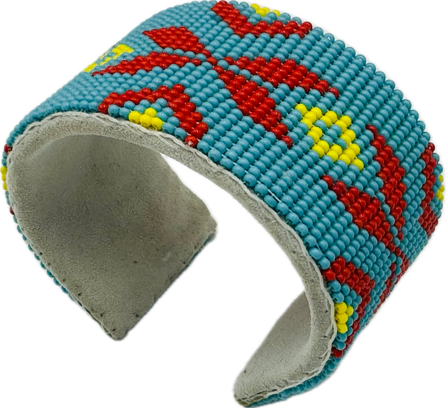Handmade Beaded Cyan Blue Red Leather Hard Cuff Bracelet