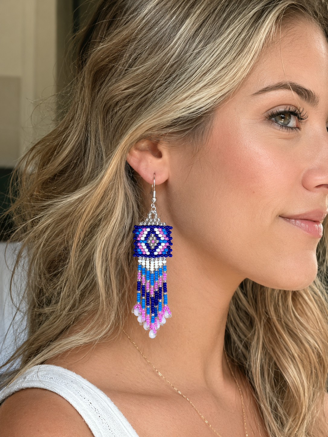 BeadsCorner Handmade Czech Seed Bead Fringe Earrings – Native Inspired Blue, Pink & White Dangle Earrings for Women, 3 Inch