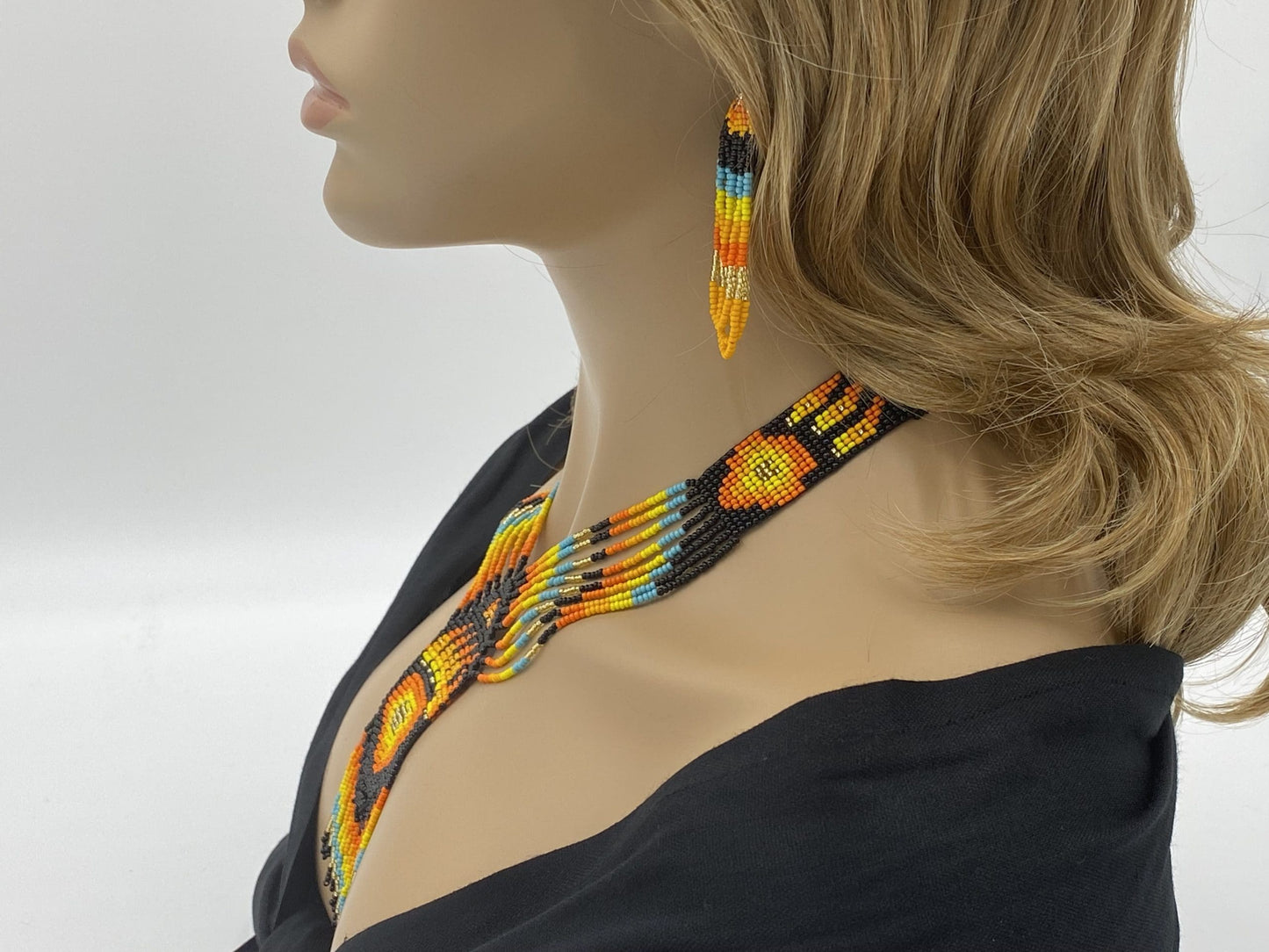 Fiery Orange Black Bear Paw Beaded Necklace and Earrings Set