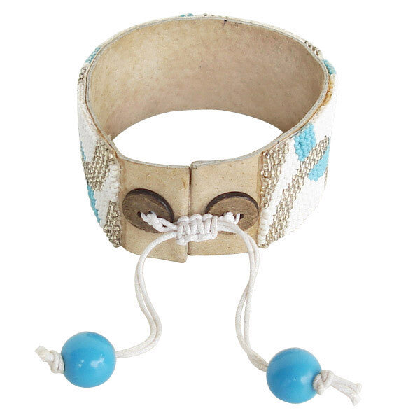 Handmade White Grey Beaded Leather Soft Cuff Bracelet | Adjustable Length | Lightweight and Stylish