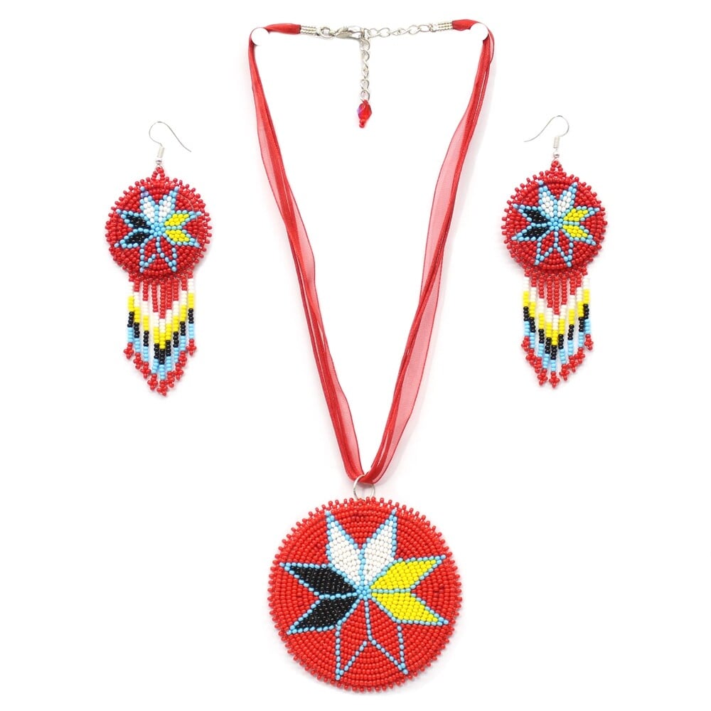 Handmade Beaded Red Rosette 4 Directions Pattern Pendant Necklace Earrings Set - Adjustable Length Organza Cord, Leather Back