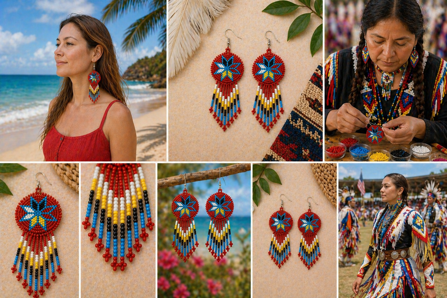 Handmade Beaded Red 4 Directions Color Round Fringe Hook Earrings