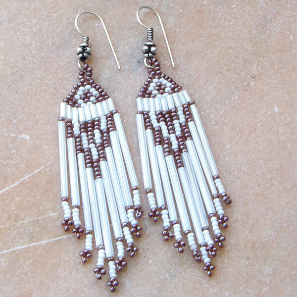 New Handmade Brown White Bugle Seed Beads Beaded Fashion Hook Earrings