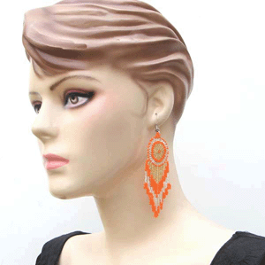 Handmade Beaded Orange Seed Bead Medallion Big Earrings