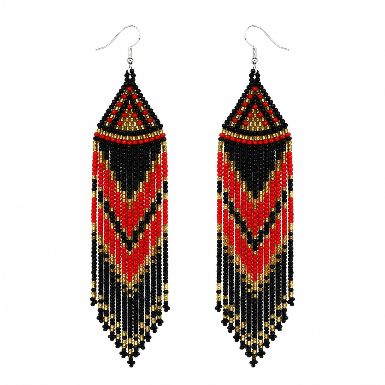 Handmade Beaded Red Black Long Dangle Fashion Earrings 4 inch | Geometric Design Pattern