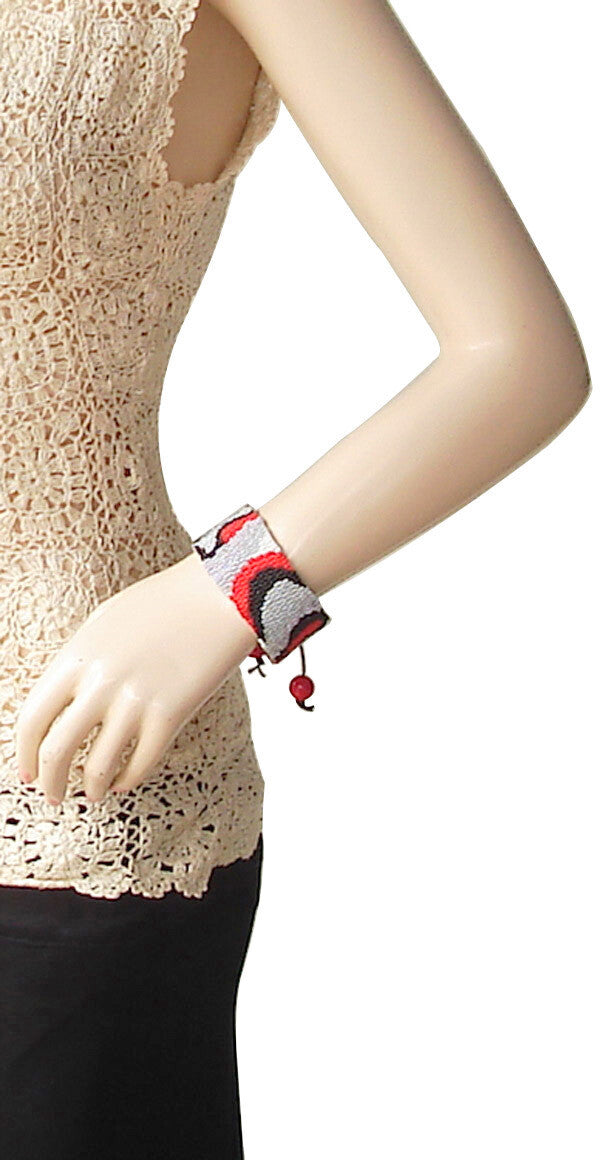 Handmade Grey Red Seed Beads Soft Cuff Bracelet Leather Bracelet