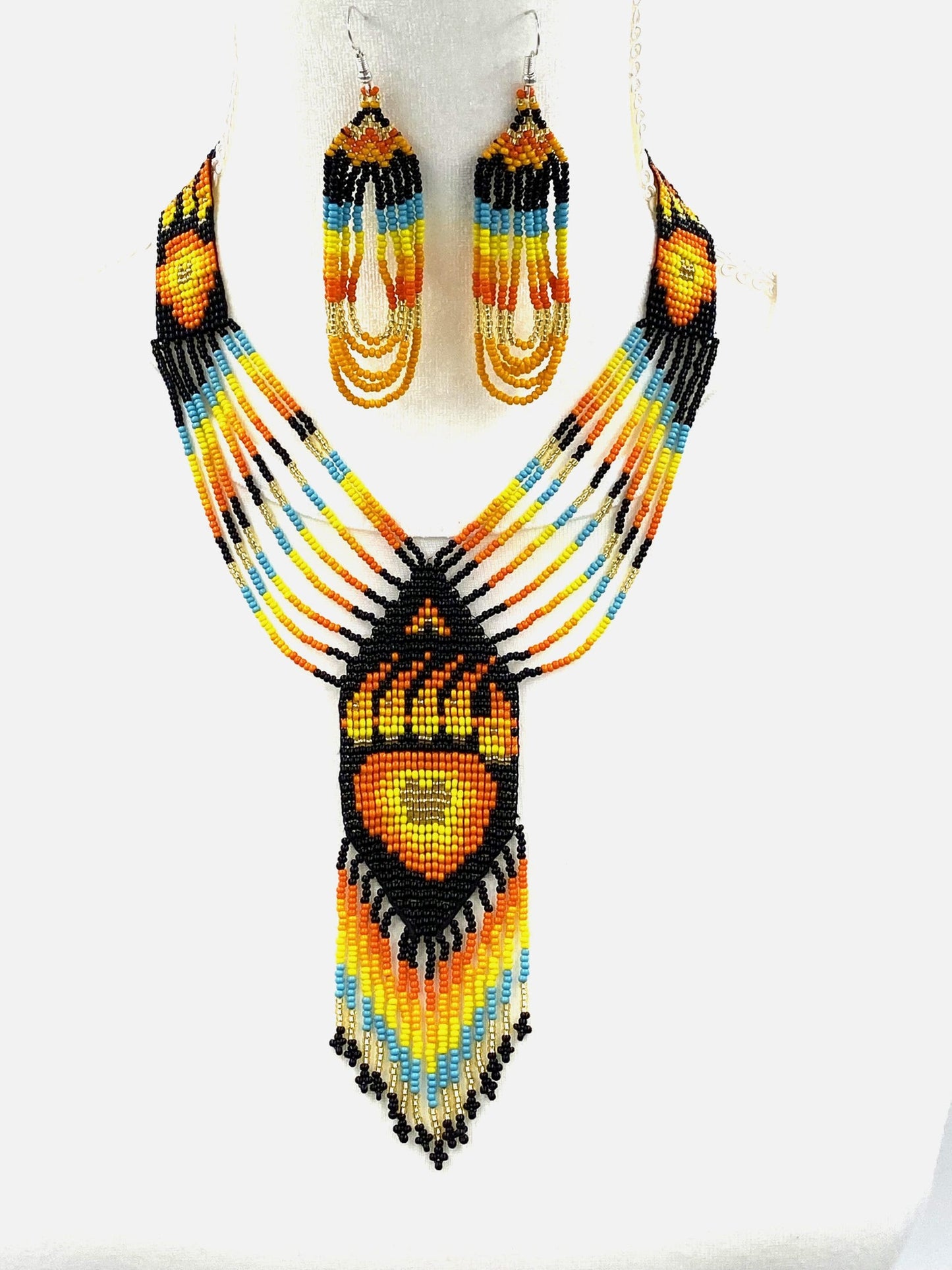 Fiery Orange Black Bear Paw Beaded Necklace and Earrings Set